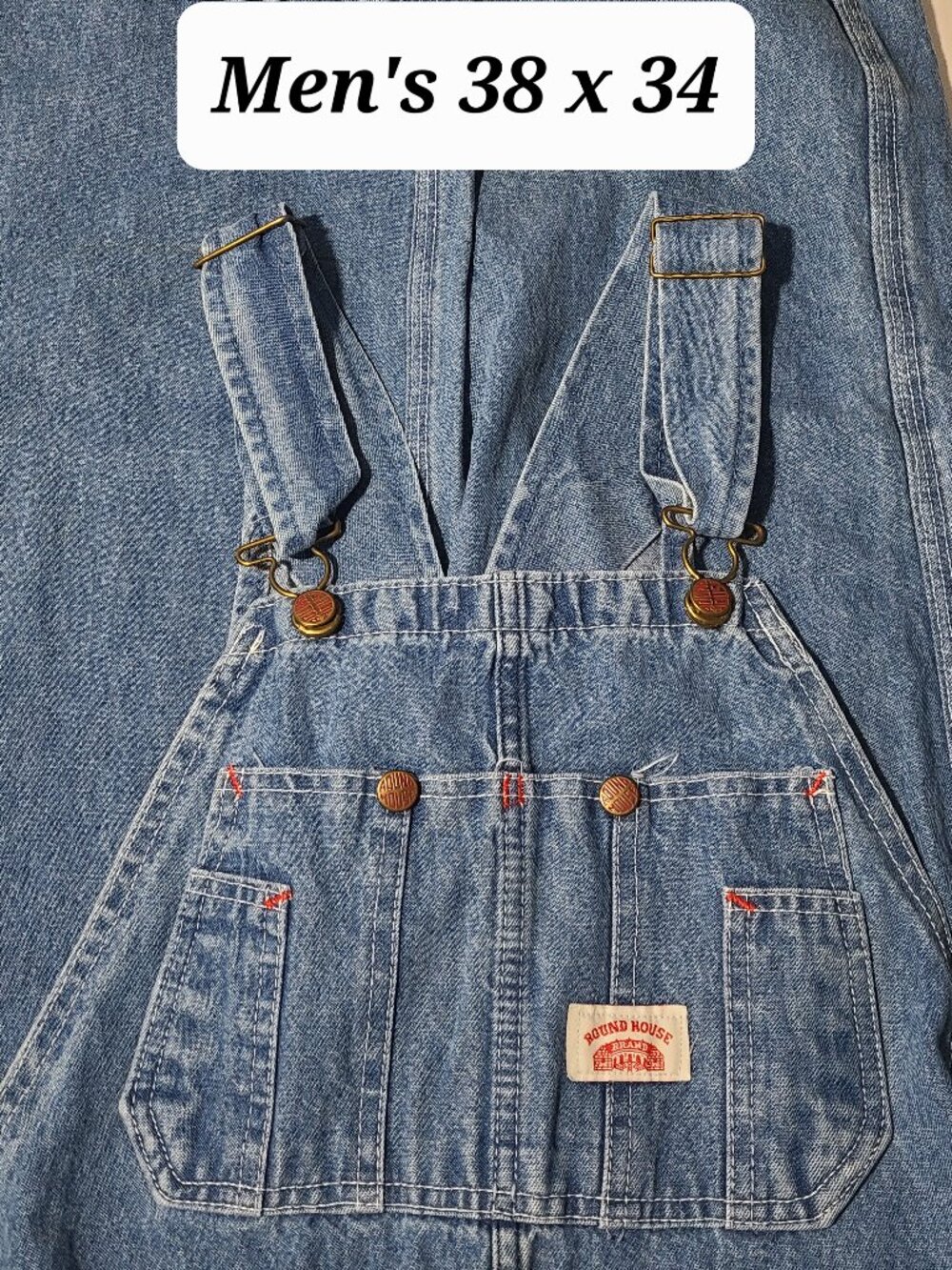 Vintage Round House Denin Carpenter Bibbed Overalls Size 38 x 34 Made in USA